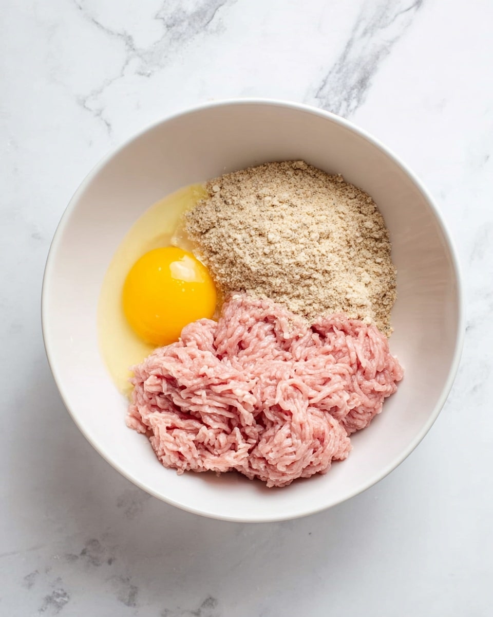 A white bowl sits on a white marbled surface, holding three separate layers: on the left, a bright yellow raw egg yolk with clear egg white around it; on the right, a beige crumbly mixture; and at the bottom, a large portion of pale pink raw ground meat with visible string-like texture. The ingredients remain unmixed and clearly separated. Photo taken with an iphone --ar 4:5 --v 7