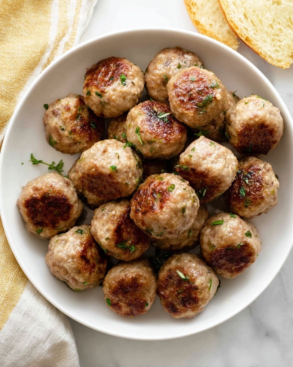A white bowl filled with 15 round meatballs that have a light brown color with darker brown spots from cooking, giving them a slightly crispy look. The meatballs are garnished with small green herb pieces scattered on top and around them. The bowl sits on a white marbled surface, and a torn piece of light yellow bread is visible in the top right corner. photo taken with an iphone --ar 4:5 --v 7