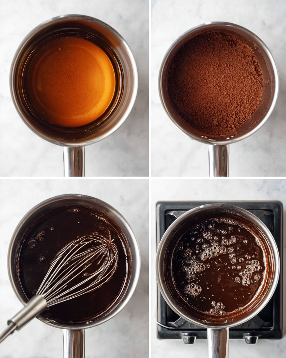A collage of four images showing the process of making a chocolate mixture in a stainless steel pot on a white marbled surface. The first image shows a clear amber liquid filling the pot, smooth and shiny. The second image shows a layer of dry, dark brown cocoa powder spread evenly inside the pot. The third image shows the cocoa powder mixed with liquid, creating a thicker dark brown batter with small bubbles and a silver whisk partially stirring it. The fourth image shows the pot placed on a stove burner with the dark chocolate mixture thick and glossy, bubbles visible, while the silver whisk is inside the pot mixing the contents. photo taken with an iphone --ar 4:5 --v 7
