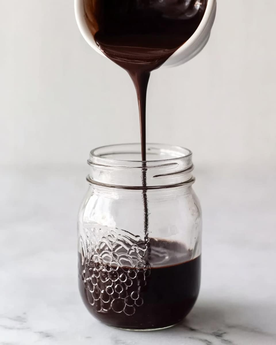 A clear glass jar with an embossed grape design sits on a white marbled surface. A thick, dark chocolate sauce pours smoothly from a white cup held above, flowing in a steady stream into the jar below. The sauce is rich and glossy, creating a dark contrast against the clear glass and the light background. The flow causes slight ripples on the surface inside the jar, showing the sauce’s smooth texture. photo taken with an iphone --ar 4:5 --v 7