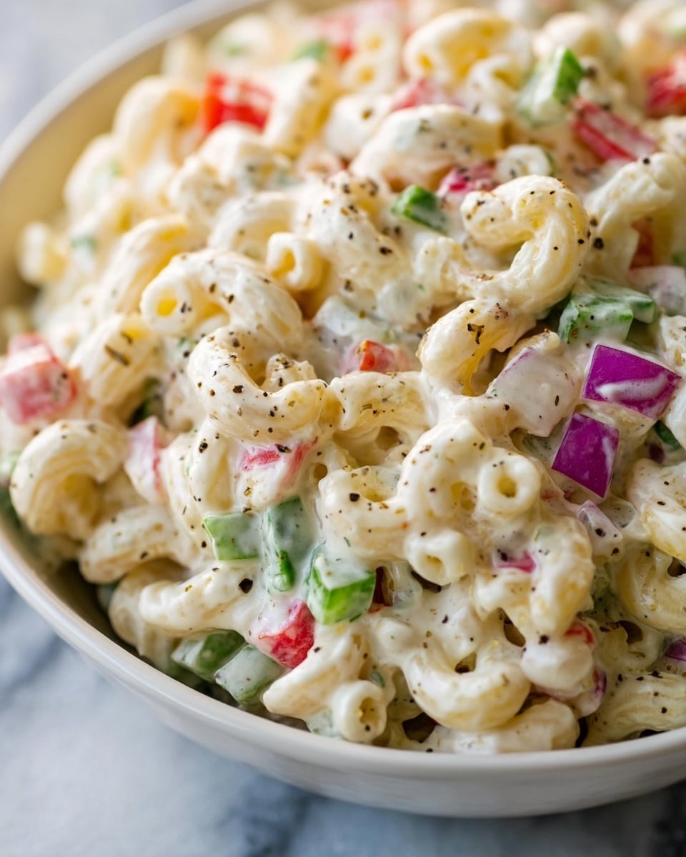 Creamy Macaroni Salad with Sweet Pickles and Red Bell Pepper